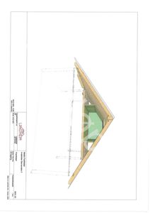 Fasadetegning som viser oppriss av en bygning sett fra siden, med synlig takkonstruksjon og fasadeelementer.
