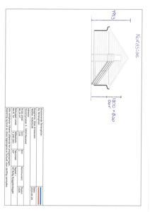 En tegning som viser fasaden på en bygning sett fra nord, med håndskrevne mål og en tabell med byggeopplysninger.