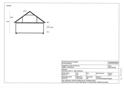 Snittegning som viser tverrsnittet av en bygning med mål på takhøyde, takvinkel og fundament.
