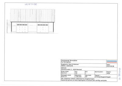 Fasadetegning av en bygning sett fra vestsiden, med detaljer om vinduer og dører.