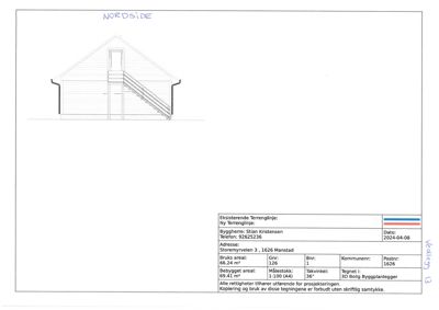 Fasadetegning av en bygning sett fra nord (NORDSIDE), med oppgitt bruksareal og bebygd areal.