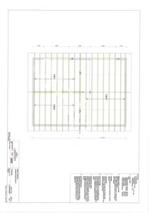 Tegning som viser detaljert oppriss av en konstruksjon, sannsynligvis et tak eller gulv med bjelkelag og dimensjoner.