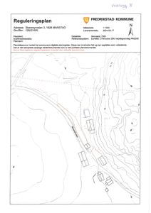 Reguleringsplan (situasjonsplan) for eiendommen Storemyrveien 3 i Fredrikstad kommune, som viser topografi, eiendomsinndeling og bygningers plassering.
