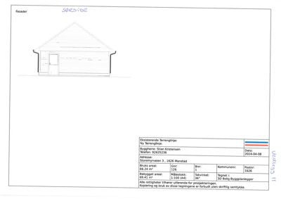 Fasadetegning som viser bygningens utseende fra sør (SØRSIDE). Tegningen inkluderer en oversikt over bruks- og bebyggelsesareal samt tekniske data.