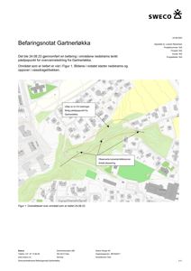 Oversiktskart over et område med topografi, bebyggelse og merket vassdrag/bekk, inkludert tekstmeldinger om befaring og planer.