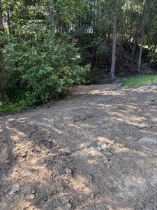 Fotografi av en utgravet eller forberedt tomt i skog, med synlig jord og vegetasjon.
