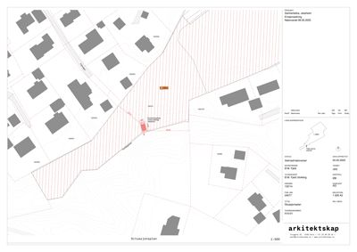 Situasjonsplan som viser tomtens beliggenhet i forhold til nabolag, vegnett og topografi.