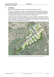 Oversiktskart (flyfoto) som viser et område med planlagte bygninger, veier og grøntområder. Kartet er brukt til å illustrere start- og sluttpunktet for en planlagt gangvei.