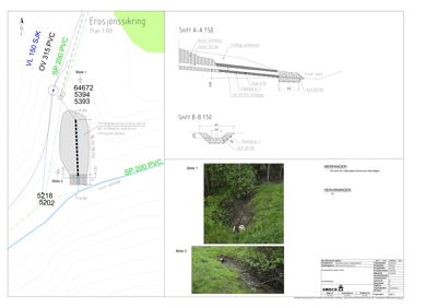 Situasjonsplan med snittegninger (A-A og B-B) og bildeplater som viser eksisterende forhold og terrengforhold.