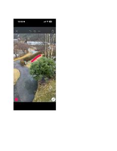 Fotografi av en tomt eller eiendom sett fra høyden, med en vei, hekk og busker synlig.