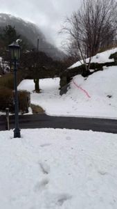 Fotografi av en snødekt vei og skråning med en gulemerket (rød) markering på bakken.
