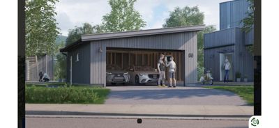 3D-visualisering av en garasje med to biler, en person som tar bilde, og en nabobygning i bakgrunnen.