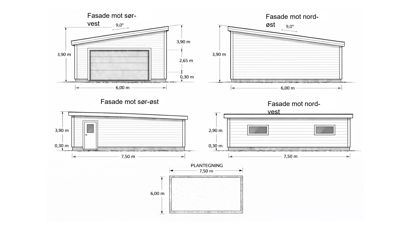 Bildet viser en fasadetekning med oppriss av bygningens fire sider (sørvest, nordøst, sørøst, nordvest) samt en enkel plantegning nederst.