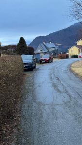 Fotografi av en vei med parkerte biler og boliger i bakgrunnen.