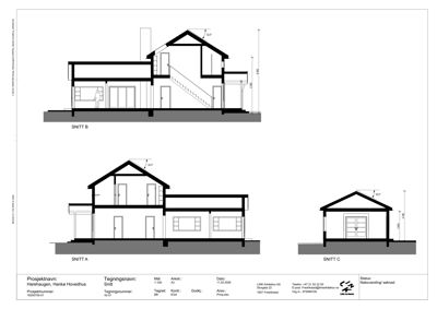 Snittegning som viser tverrsnitt gjennom en bolig (SNITT A, B og C) med mål og konstruksjonsdetaljer.