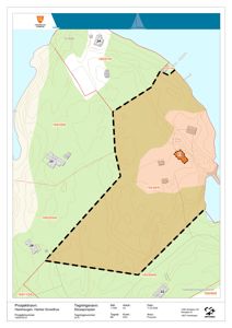 Situasjonsplan som viser tomtens beliggenhet, topografi (konturlinjer), naboeiendommer og bygningers plassering i forhold til hverandre.