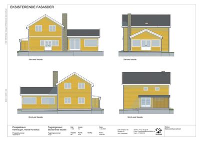 Tegning som viser eksisterende fasader (Sør-vest, Sør-øst, Nord-øst og Nord-vest) for en bygning.