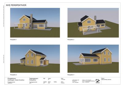 Bildet viser fire 3D-perspektiver (renderinger) av en planlagt bolig, med tegningsinformasjon og prosjektdata nederst.