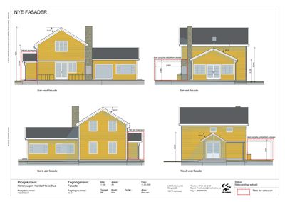 Fasadetegning som viser oppriss av bygningen sett fra fire ulike sider (ser-vest, ser-øst, nord-øst og nord-vest). Tegningen inkluderer mål på høyder og bredder, samt detaljer om vinduer, dører, takform og materialvalg.