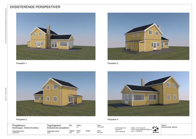 Bildet viser fire 3D-perspektiver av en eksisterende gulett hus, som er en del av et arkitektprosjekt.