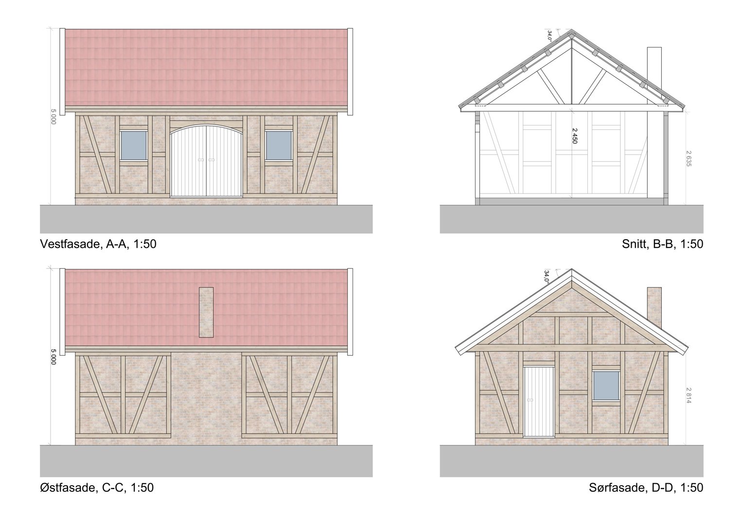 Bildet viser fasadetegninger for en bygning, inkludert vest-, øst- og sørfasade samt et snitt. Tegningene viser utvendig utseende, mål og konstruksjonsdetaljer.