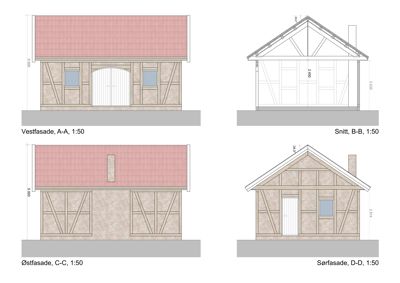 Bildet viser fasadetegninger for en bygning, inkludert vest-, øst- og sørfasade samt et snitt. Tegningene viser utvendig utseende, mål og konstruksjonsdetaljer.