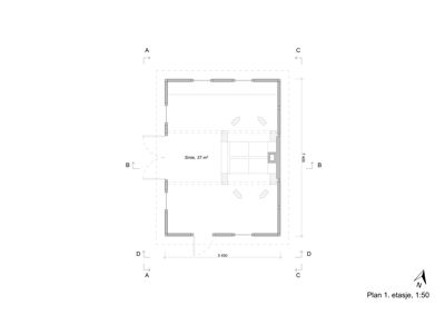 Etasjeplan (1. etasje) som viser romfordeling, veggposisjon og dimensjoner for en bygning.