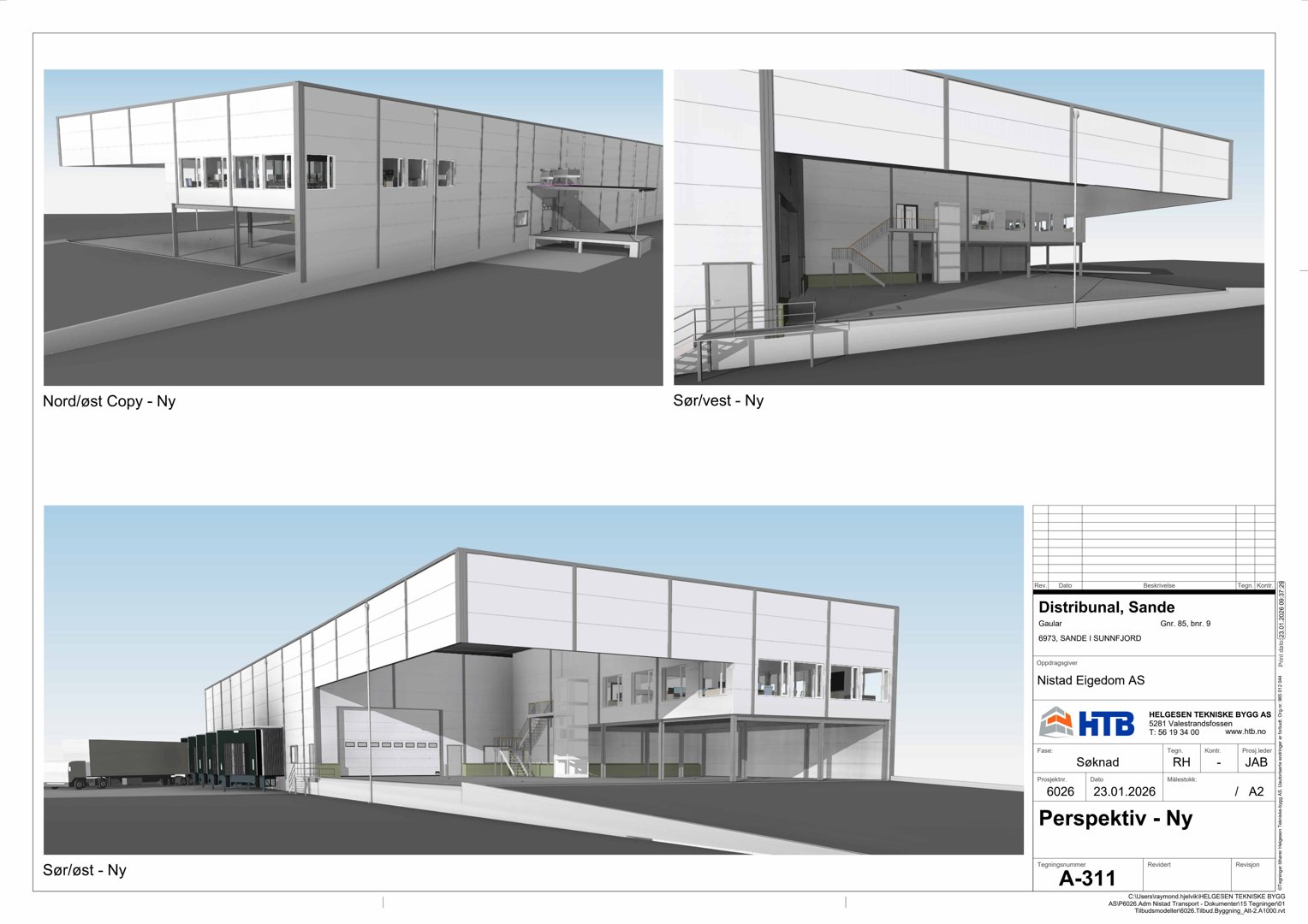 3D-visualisering (perspektiv) av en nybyggning sett fra ulike vinkler (Nord/øst, Sør/vest, Sør/øst).