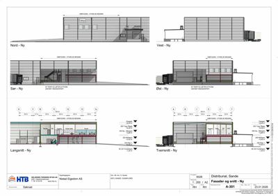 Bildet viser fasadetegninger (Nord, Vest, Sør, Øst) og snittegninger (Langsnitt, Tverrsnitt) for en ny utvidelse av en bygning.
