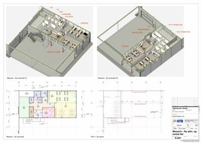 Bildet viser en kombinasjon av 3D-visualiseringer (renderinger) og 2D-plantegninger som illustrerer romfordeling og etasjeskille for en ny administrativ og sosial del av en bygning.