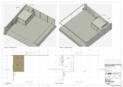 Tegning som viser 3D-modeller og 2D-planer av en planlagt mesanin (etasjeutvidelse) på en eksisterende bygning.