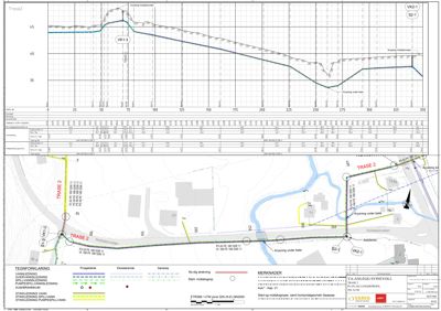Situasjonsplan som viser trase 2 for VA-anlegg, inkludert rørledninger, eksisterende infrastruktur og topografi.