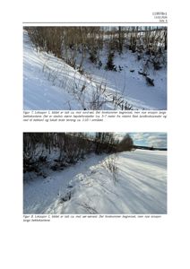 Fotografier av et snødekt terreng med bekkekanter og erosjon, tatt fra en byggesak.