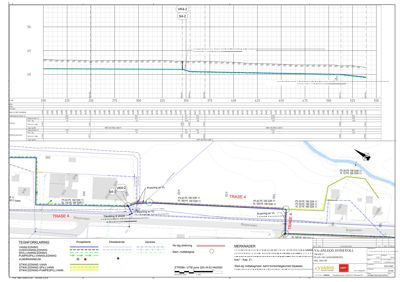 Situasjonsplan som viser tomt, vei (Bispveien), vannledningsrør (TRASE 4), og tilknytninger til eksisterende ledninger.