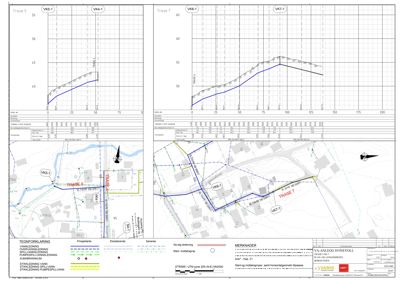 Kart over vann- og avløpsledninger med traseer, prospekterte punkter og saneringer i et område.