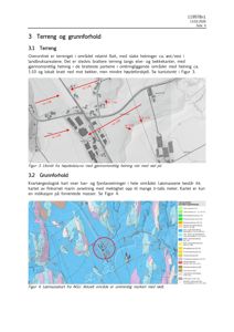 Dokumentet viser to kart: Figur 3 er et kartutsnitt fra høydedata.no som illustrerer terrengform og helning, mens Figur 4 er et kvartærgeologisk kart som viser hav- og fjordavsetninger i området.
