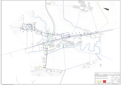 Situasjonsplan for VA-anlegg i Svinevoll som viser rørledninger, eksisterende infrastruktur og topografi.
