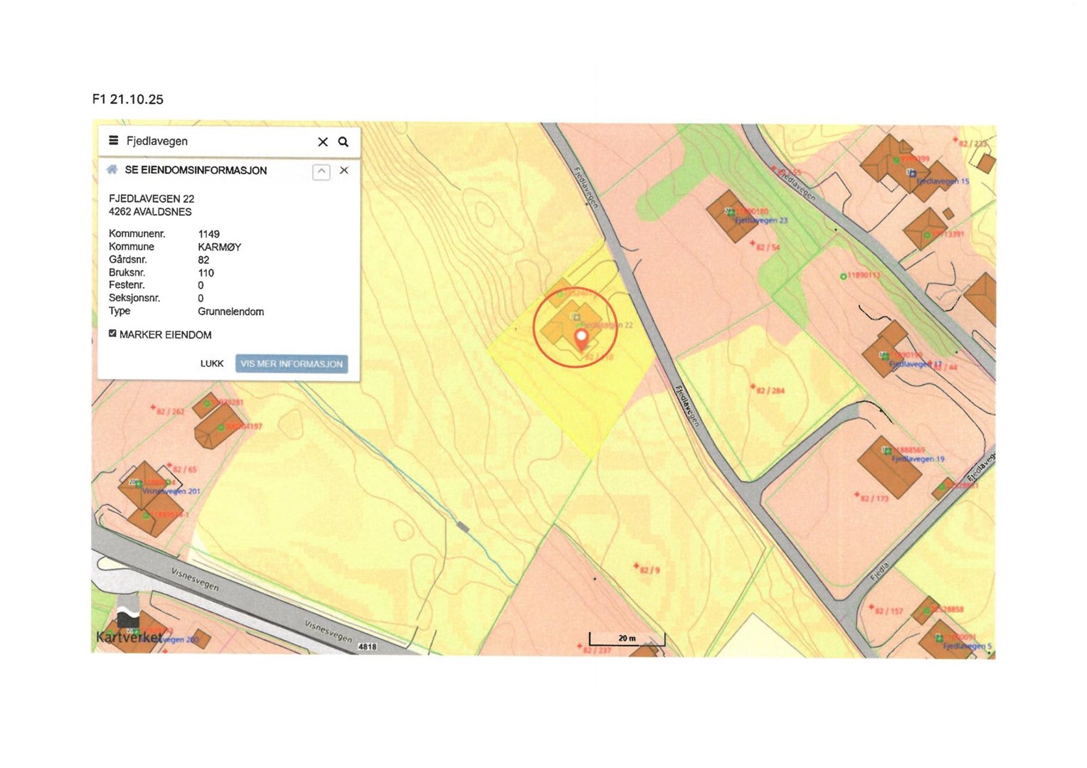 Kartutsnitt fra Kartverket som viser eiendomsinformasjon for Fjedlavegen 22, inkludert grunntegning, naboeiendommer og topografi.