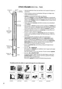 En teknisk tegning som viser en stiv stålpipe (AISI 316L - T600) med merking av komponenter som sotleuke, distansering og T-kobling, samt en produktoversikt med bilder av delene.