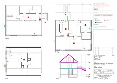 Plantegning som viser romfordeling og brannveier for kjeller, 1. etasje og loft.