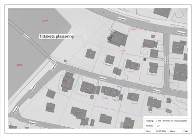Situasjonsplan som viser plassering av tiltaket i forhold til nabolaget, veier (Samagata, Movelien, Engveien) og eiendelsnummer.