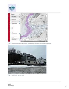 Fotografi av en hytte sett mot nord, med en situasjonskart i øvre del av siden.