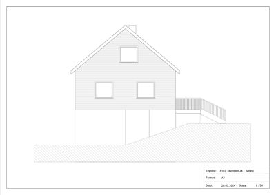 Fasadetegning som viser bygningens utseende fra fronten, inkludert vinduer, takform, trapp og terrengforhold.