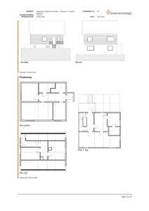 Bildet viser en arkitekttegning med etasjeplaner (kjeller, 1. etg, loft) og fasadeopprikk for et bygg.