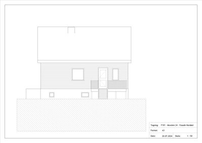 Fasadetegning som viser bygningens utseende sett fra nordøst, inkludert vinduer, dør, trapp og takform.
