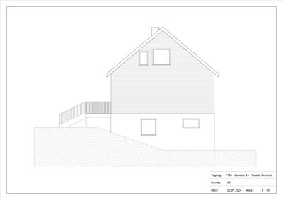 Fasadetegning (Nordvest) av en toetasjes bolig med trapp og terrass.