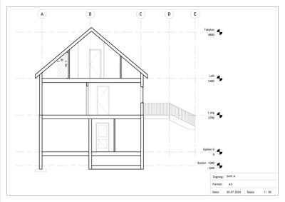 Snittegning (Snitt A) som viser bygningens høyder, etasjer og konstruksjon fra kjeller til tak.