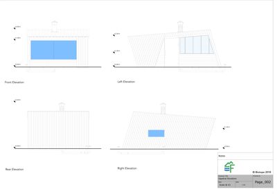 Fasadetegning som viser bygningens utsyn fra fire sider (Front, Left, Rear, Right) med høydemål.