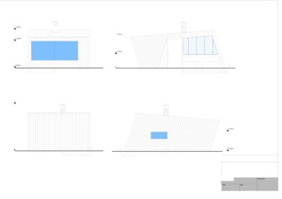 Fasadetegning som viser bygningens utsyn fra fire sider (Front, Left, Rear, Right) med høydemål.