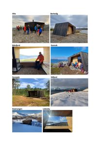 Et sammensatt bilde (collage) som viser flere foton av små hytter i ulike norske lokasjoner (Alta, Berlevåg, Båtsfjord, Gamvik, Karasjok, Kåfjord, Kvænangen, Lebesby).
